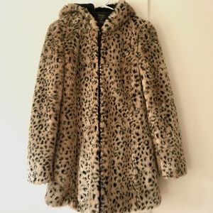 Zara Leopard Print Vegan Fur Longline Coat / Jacket with Hood Sz Small